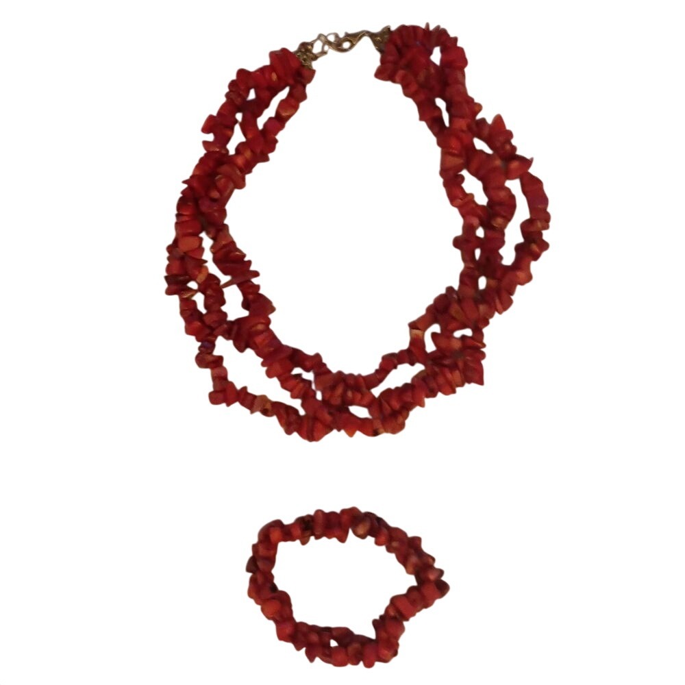 Three Strand Chunk Natural Red‎ Coral Necklace & matching bracelet SKUJ095
